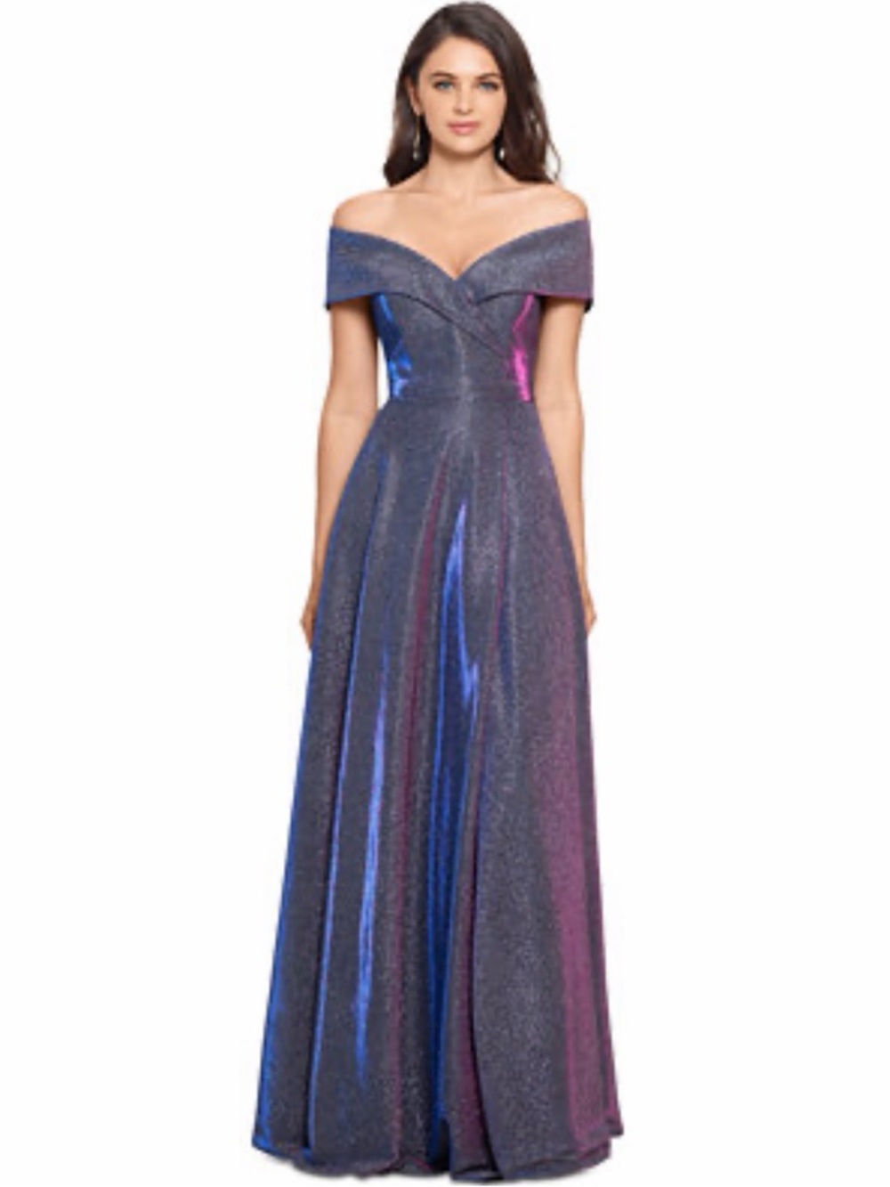 Xscape Iridescent One-Shoulder Evening Gown in Blue and Purple